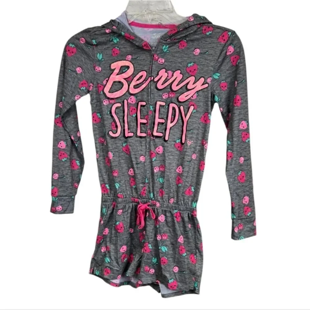 Justice Strawberry Pajama Romper Girls 6 7 Hooded Sleepwear Lounge One Piece Pjs